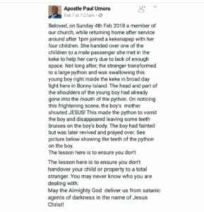 Pastors Facebook post