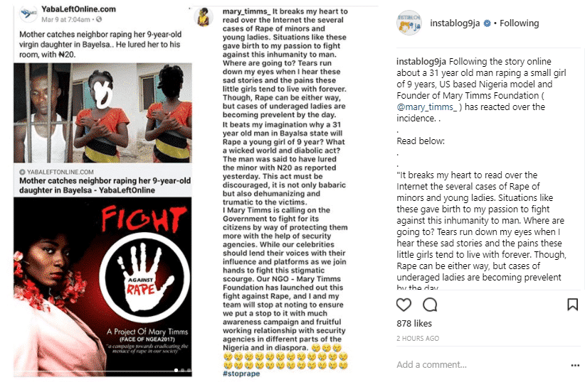 A US based model Identified as Mary Timms has called on the government and other human rights agencies to llok into the case of a 9 year old girl who was raped by a 31 year old man in Bayelsa.