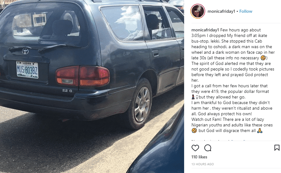 Actress Monica Friday shares picture of vehicle used by one-chance fraudsters