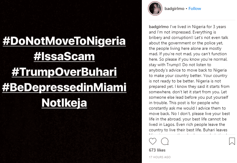 TV presenter says: Do not move back to Nigeria, the country is bad
