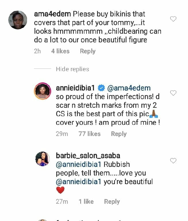 Photo: Mixed reactions as Annie Idibia flaunts her stretch marks, scars in bikini photo