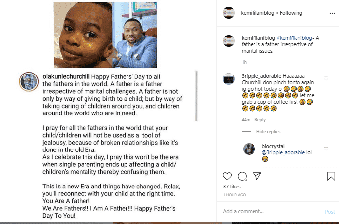 Olakunle Churchill's post for father's day, 2020