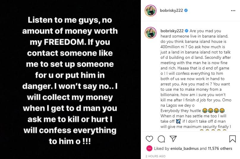Bobrisky reveals what he will do if contacted to kill someone