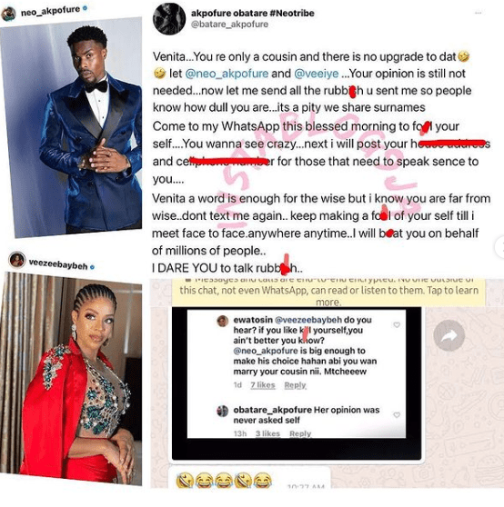 ‘Your opinion is not needed, leave Neo and Vee alone’ – BBNaija Neo’s sister blasts Venita