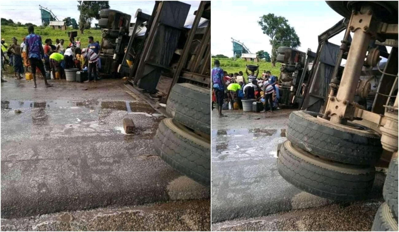 residents scoop Fuel At petrol tanker accident scene in Benue