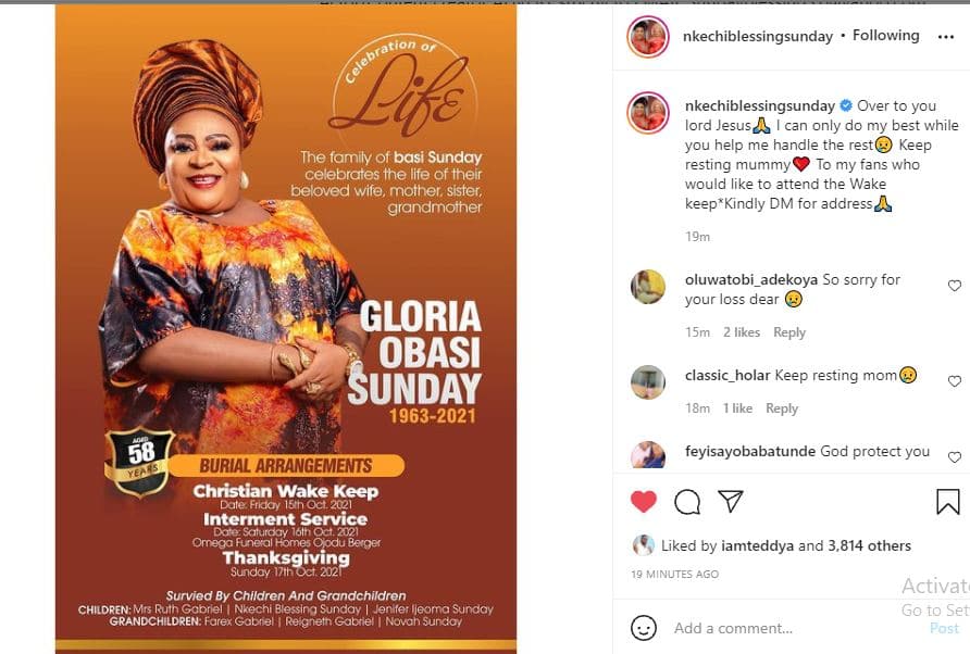 Nkechi Blessing announces date of Mother's burial