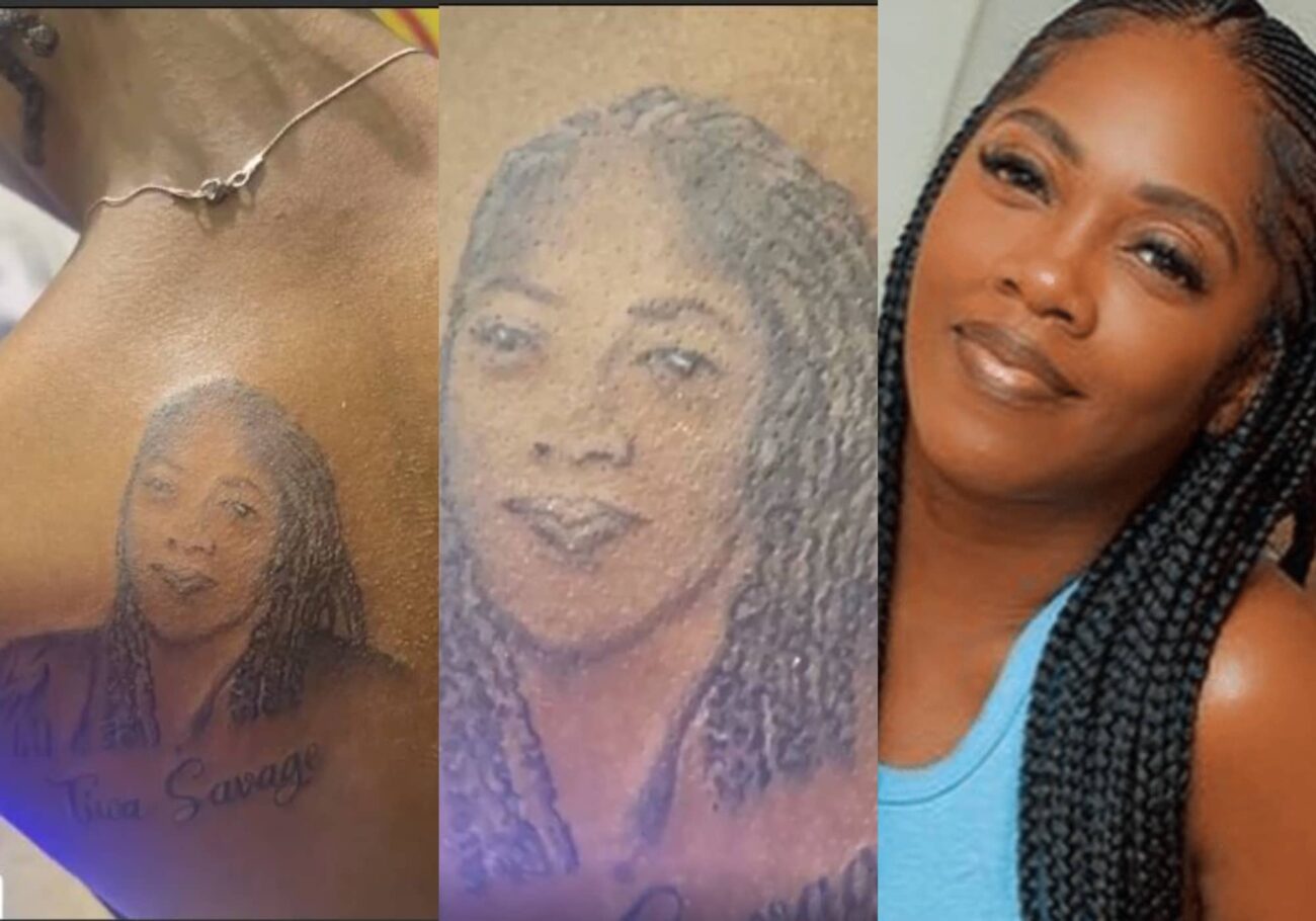 lady tattoos tiwa savage face on her skin
