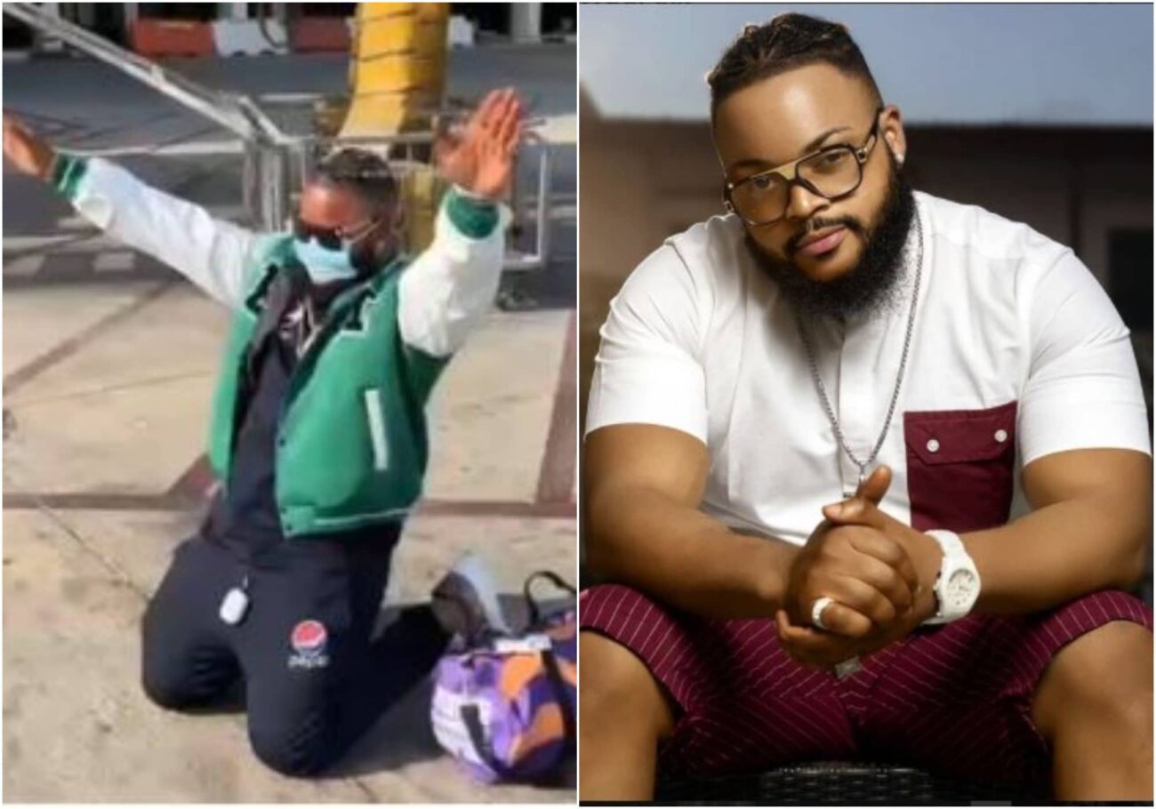 BBNaija's Whitemoney knees to thank God for his first-ever international trip outside Nigeria