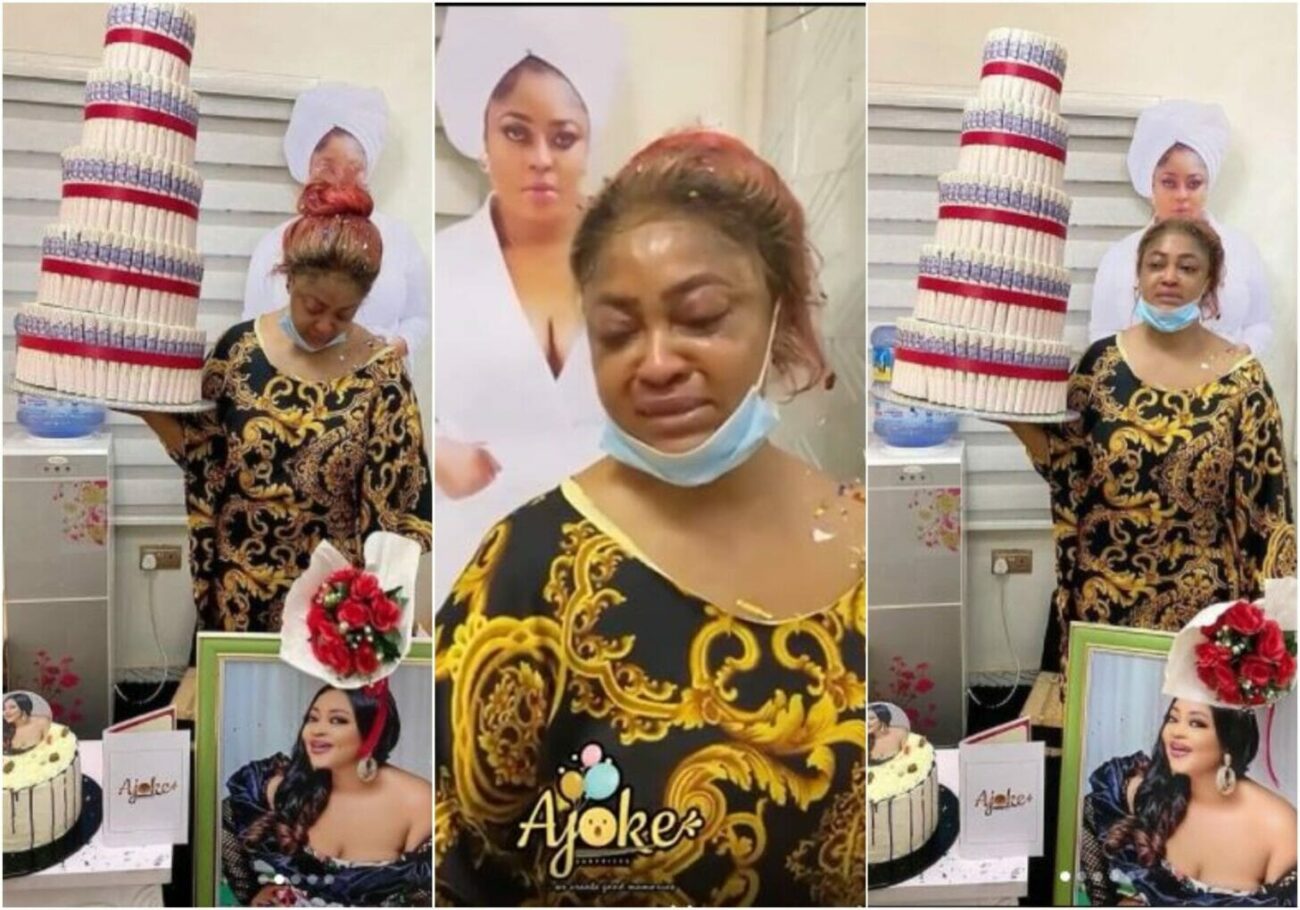 Actress Biodun Okeowo sheds hot tears on her birthday as she receives a huge money cake
