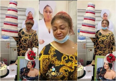 Actress Biodun Okeowo sheds hot tears on her birthday as she receives a huge money cake