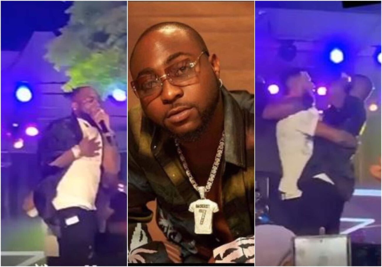 Reactions as Davido escapes being taken down by a fan in Abuja
