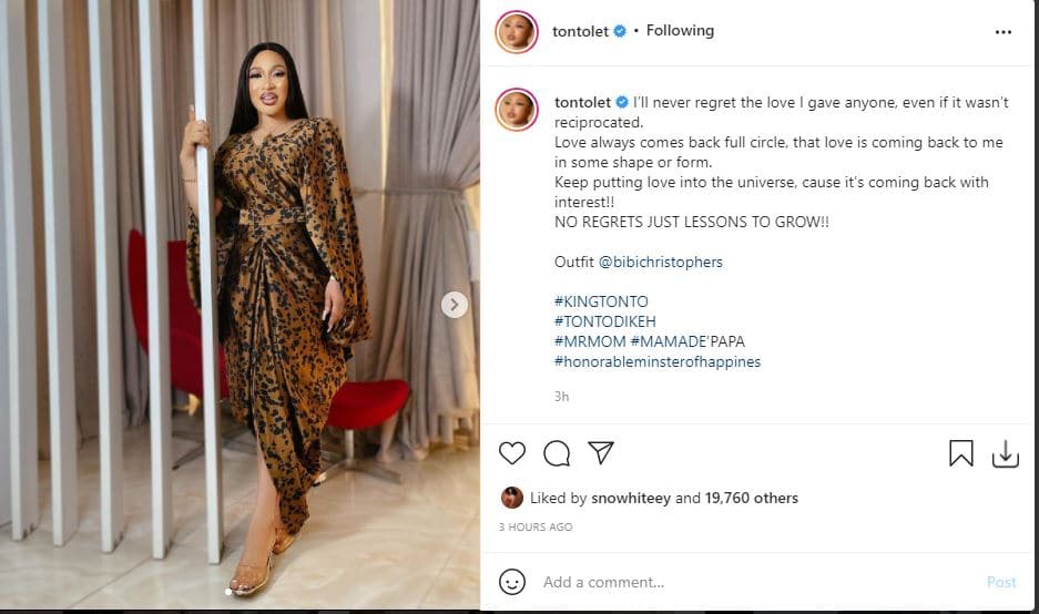 ‘I’ll never regret the love I gave anyone, even if it wasn’t reciprocated’ Actress Tonto Dikeh