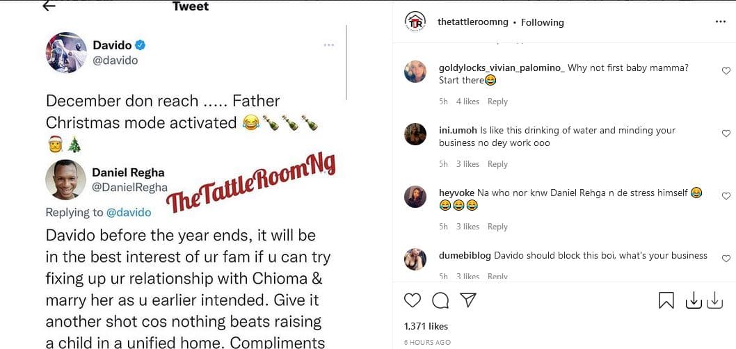 Fan begs Davido to marry Chioma before end of the year
