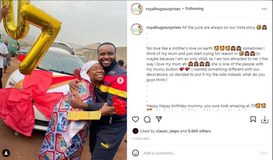 Actor Femi Adebayo surprises his mother with a car on her 70th birthday