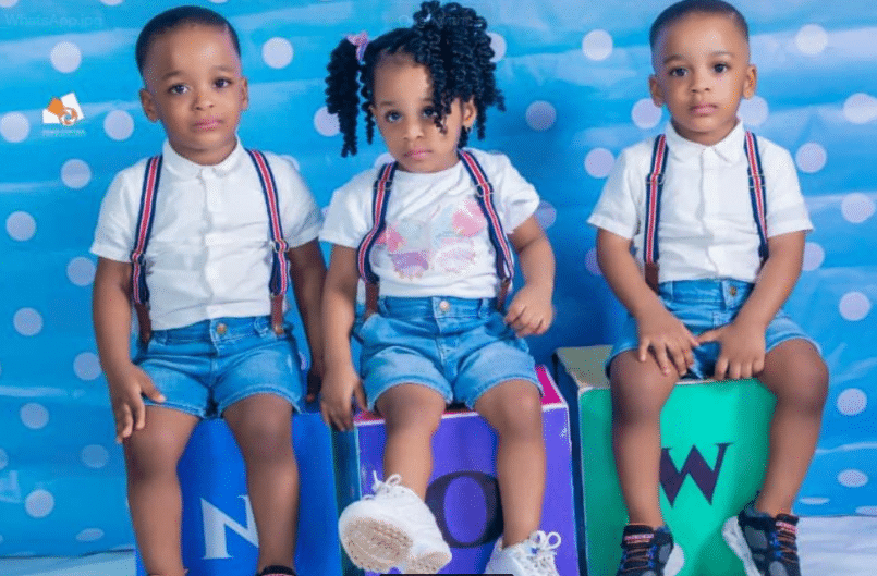 Yinka Ayefele adorable triplets picture, two boys & one girl