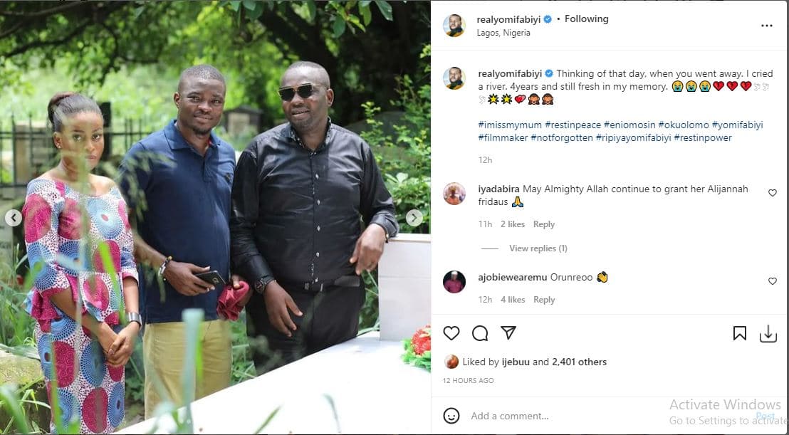 Actor Yomi Fabiyi takes photos on mum’s grave amidst being dragged for staging publicity stunt with Baba Suwe’s grave
