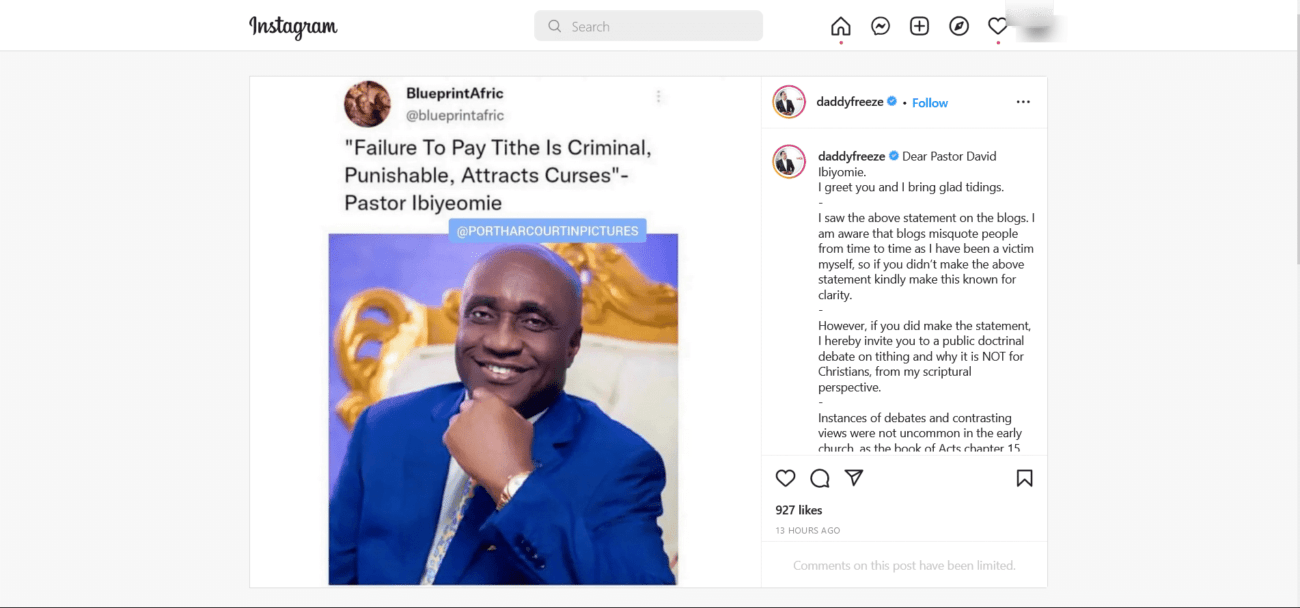 Daddy Freeze  Pastor Ibiyeomie tithe