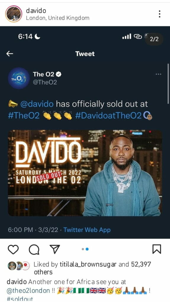 Tickets to Davido's 02 Arena sells out