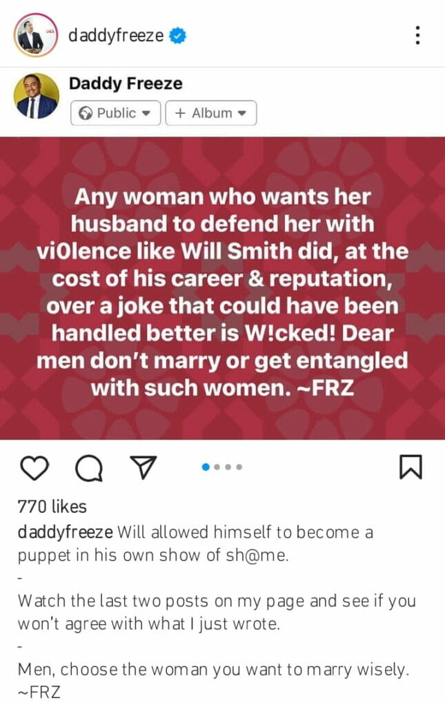 Daddy Freeze advised men against marrying women like Jada Pinkett Smith