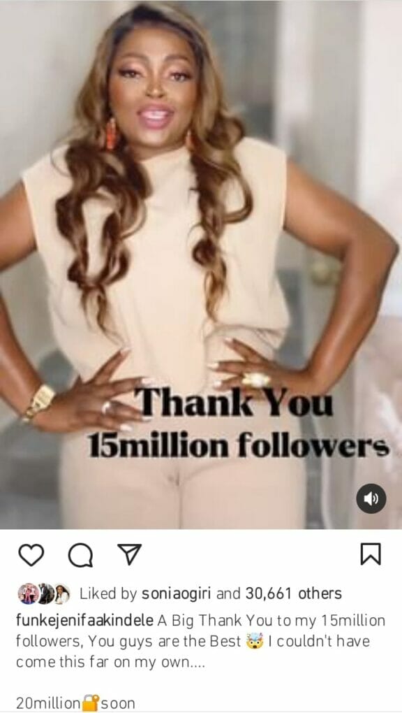 Funke Akindele hits 15 million followers