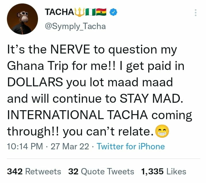 Tacha brags about being international