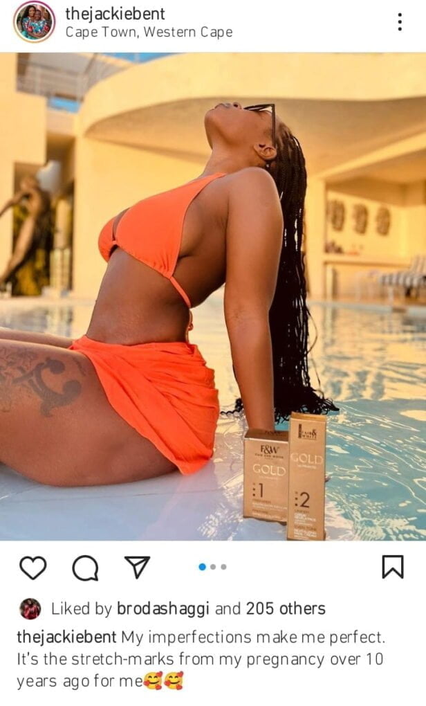 Jackie B shows off stretch marks as she vacations in Cape Town