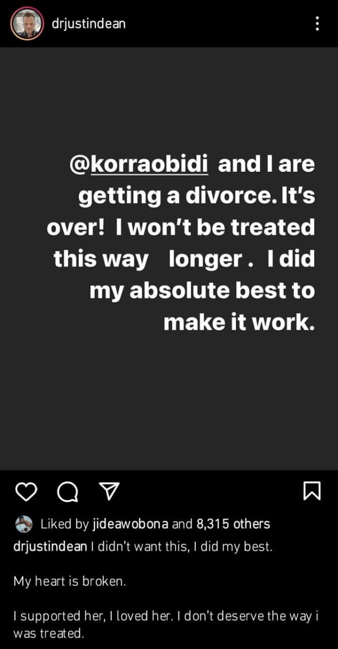 Korra Obidi's husband confirms divorce a