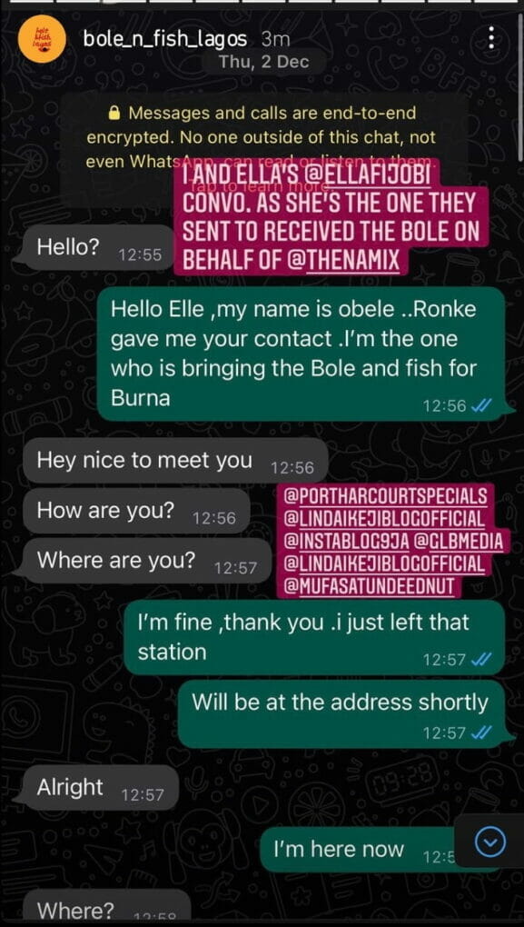 Lady calls out Burna Boy for unpaid Bole and Fish