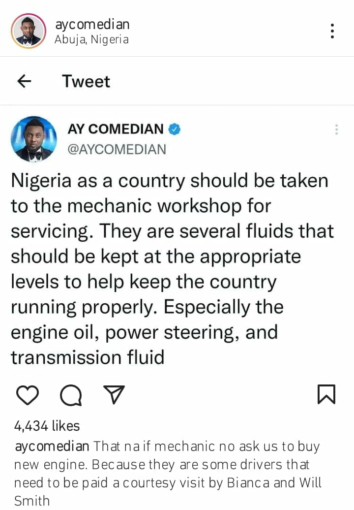 Ayo Makun avows that Nigeria should be taken to mechanic workshop