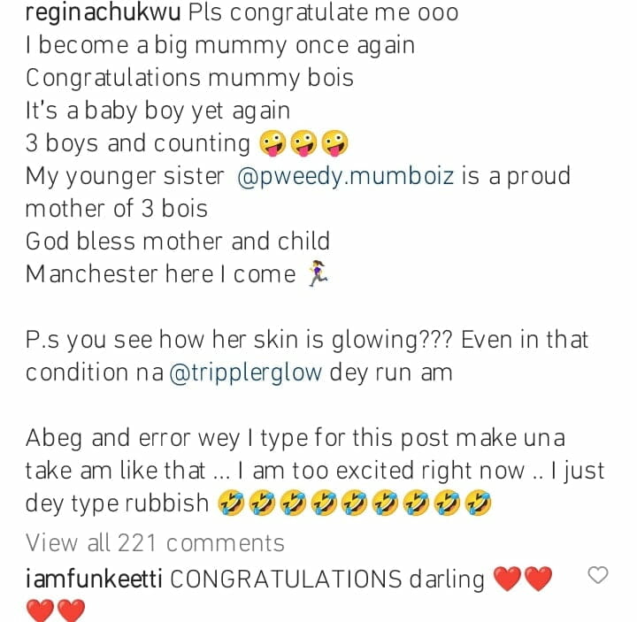Regina Chukwu's sister welcomes third child