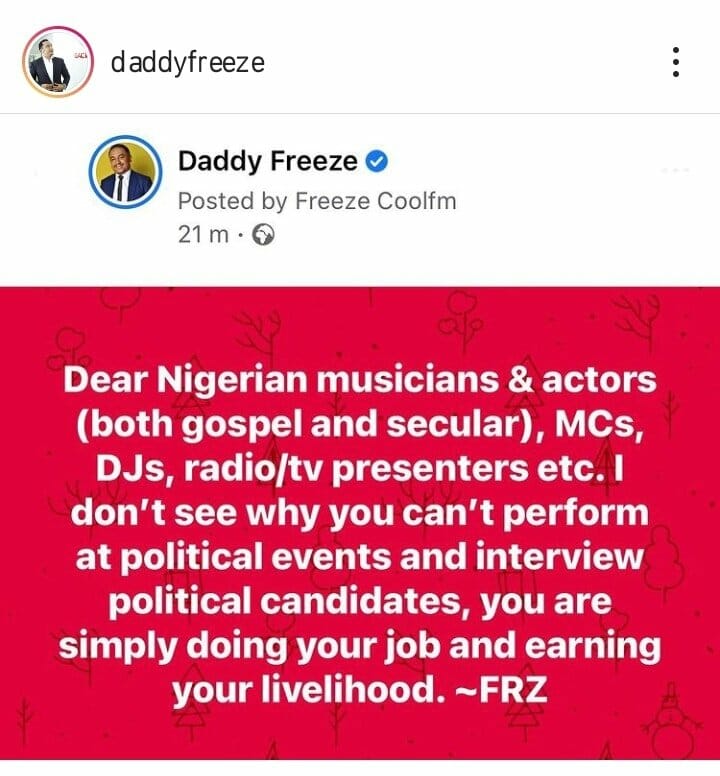 Daddy Freeze supports celebrities performing at political events