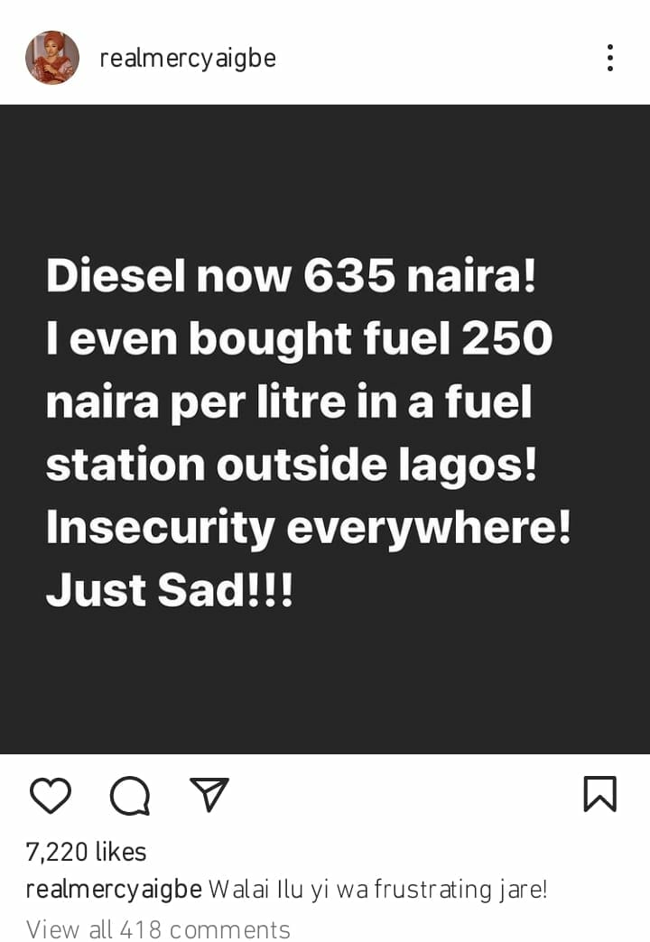 Mercy Aigbe laments over fuel scarcity