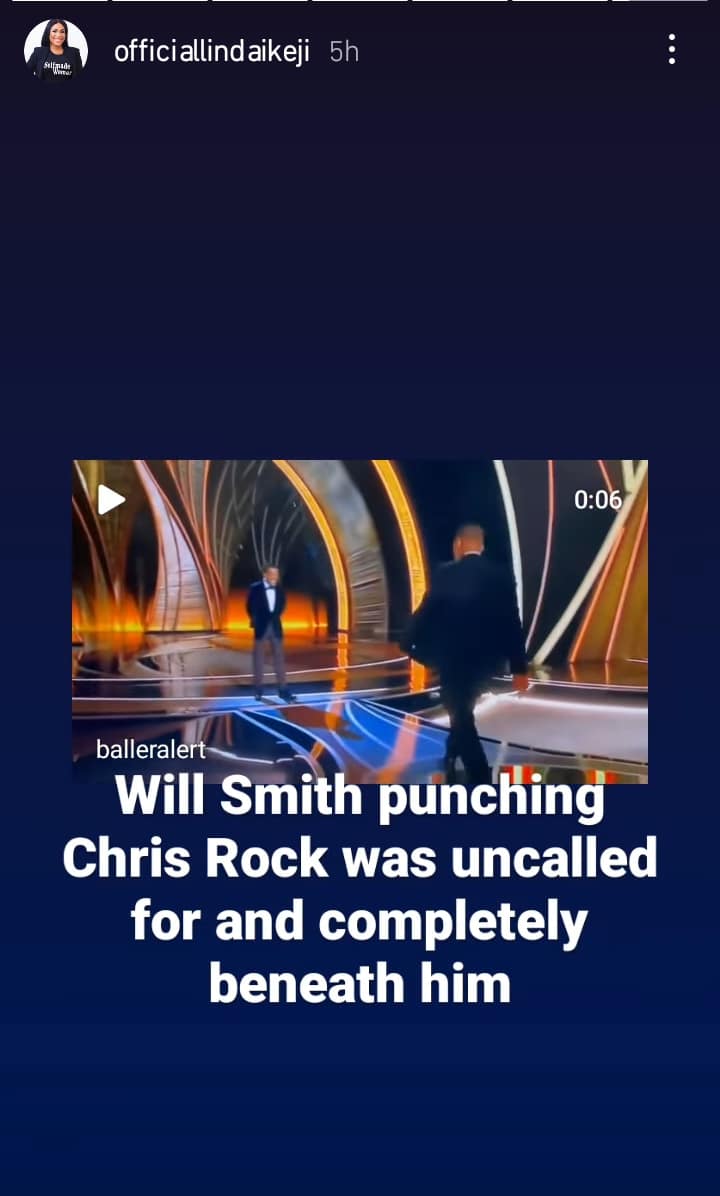 Linda Ikeji reacts to Will Smith slapping Chris Rock