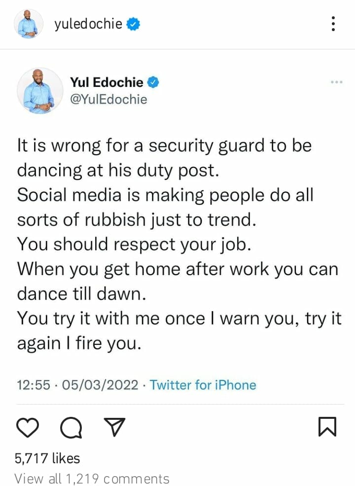 Yul Edochie weighs in on dancing security officers