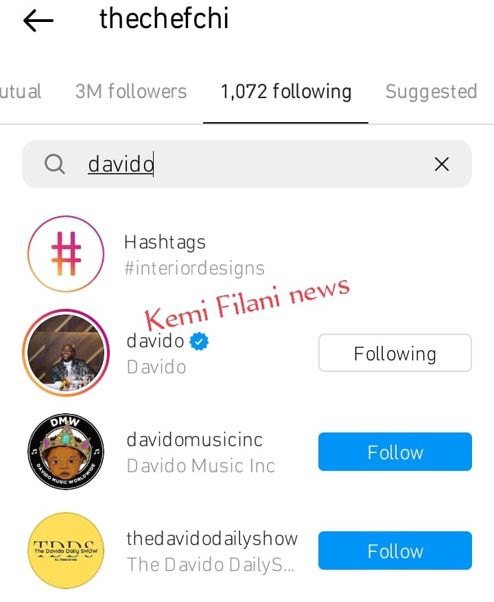 Chioma re follows Davido on Instagram Kemi Filani blog » Naijabulletin