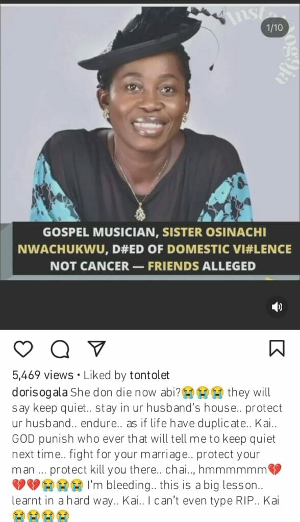 Doris Ogala speaks on Osinachi Nwachukwu death