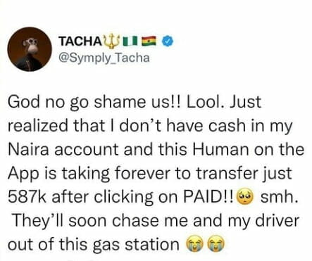 Tacha runs out of cash in her Naira account