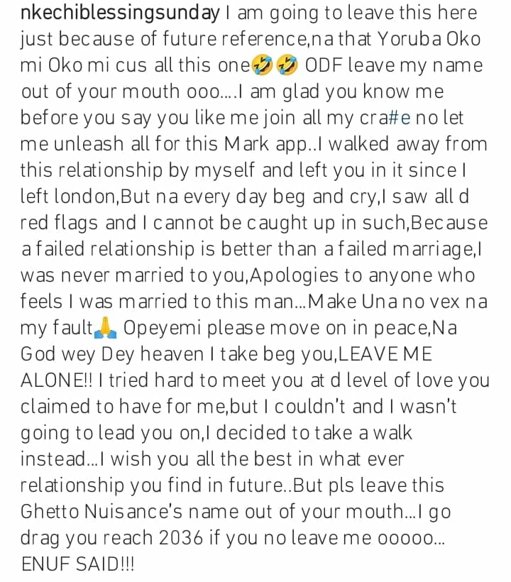 Nkechi Blessing shares screenshots of her chats with Opeyemi Falegan