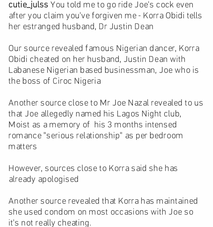 Korra Obidi admits to cheating with Joe