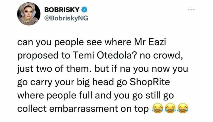 Bobrisky reacts to Temi Otedola and Mr Eazi engagement, blast Nigerians
