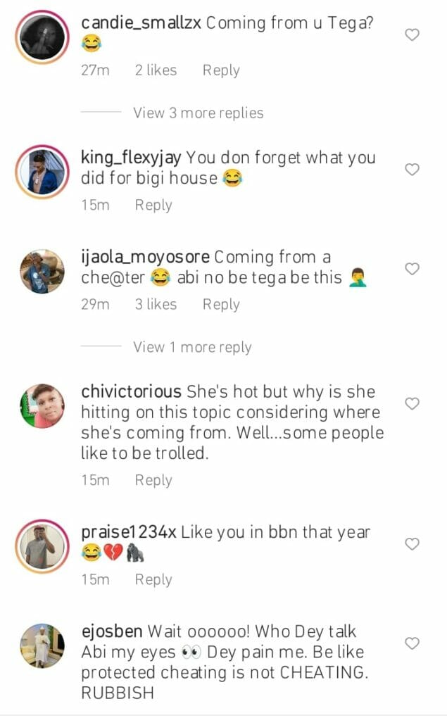 Tega gives unsolicited advice on cheating