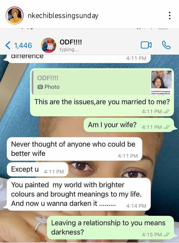 Nkechi Blessing shares screenshots of her chats with Opeyemi David Falegan