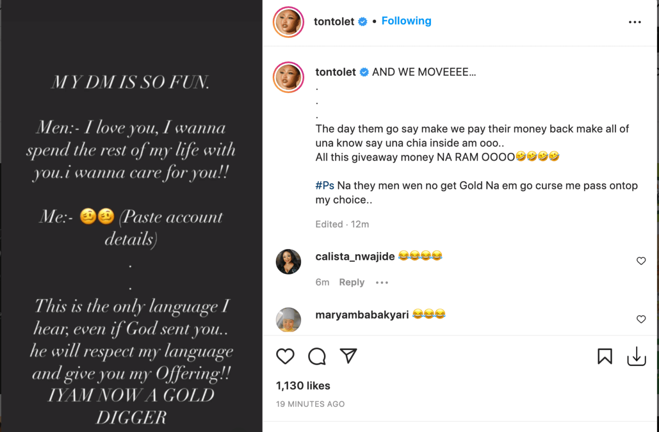 ‘Money is the only language I understand cos’ I’m now a gold digger’ Actress Tonto Dikeh tells ‘Toasters’