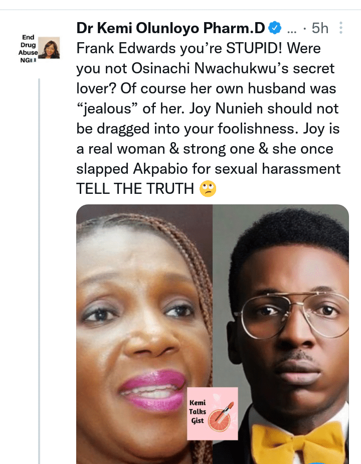 ‘You are late sister Osinachi’s secret lover, you made her husband jealous’ – Kemi Olunloyo calls out Frank Edwards