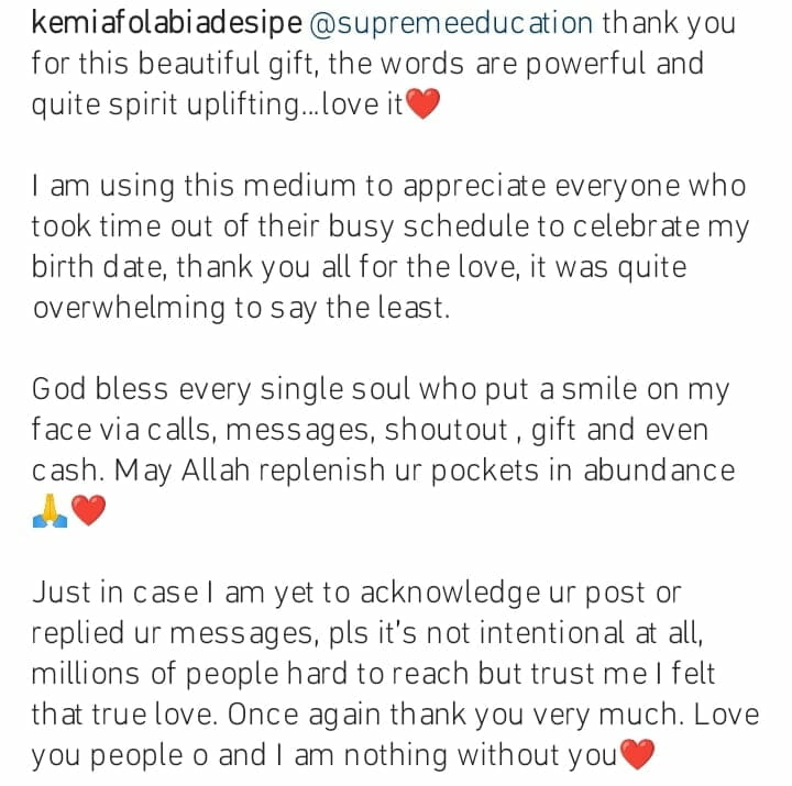 Kemi Afolabi pens appreciation post