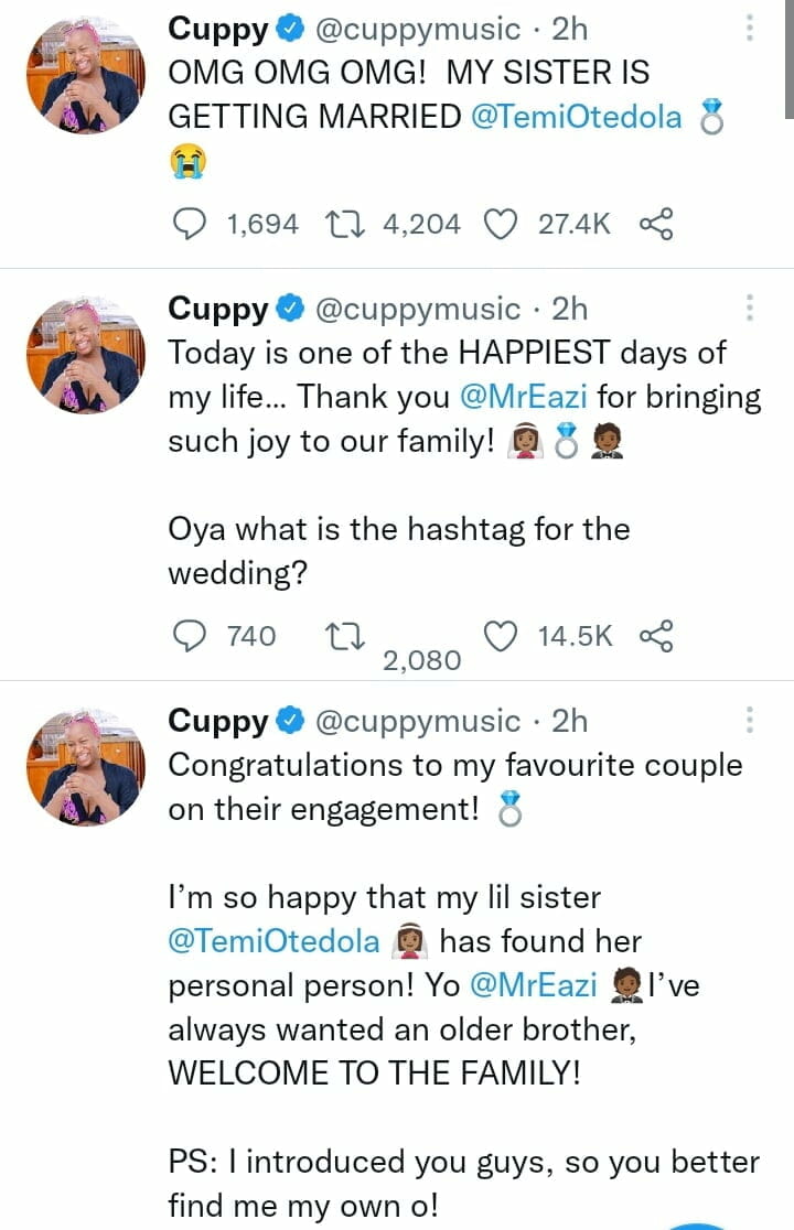 DJ Cuppy reacts as Mr Eazi engages her sister Temi Otedola