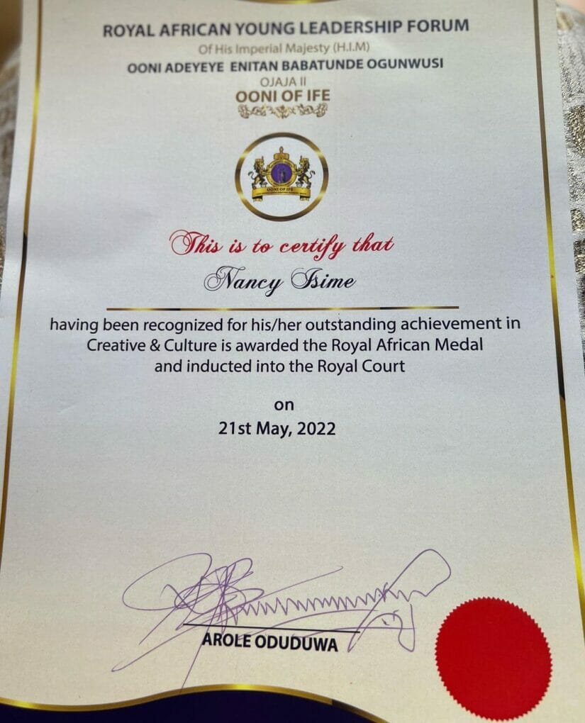 Nancy Isime bag Royal African Medal from Ooni of Ife