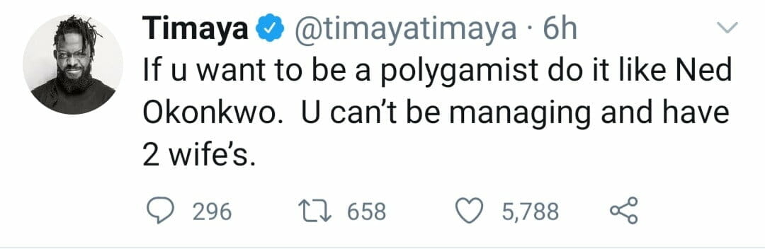 Timaya advices polygamists