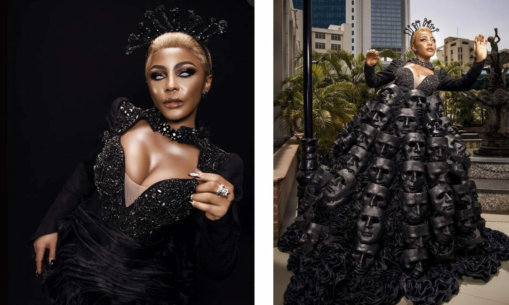 ‘Mad Outfit’ – Reactions as Ifuennada steps out in skull filled dress for AMVCA