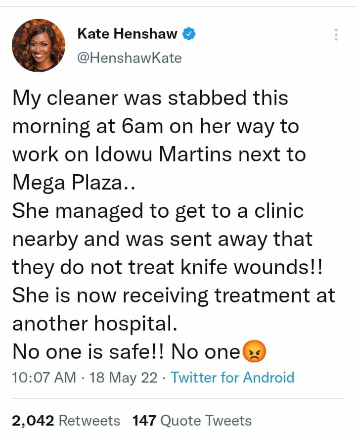 Kate Henshaw reveals how her cleaner was stabbed